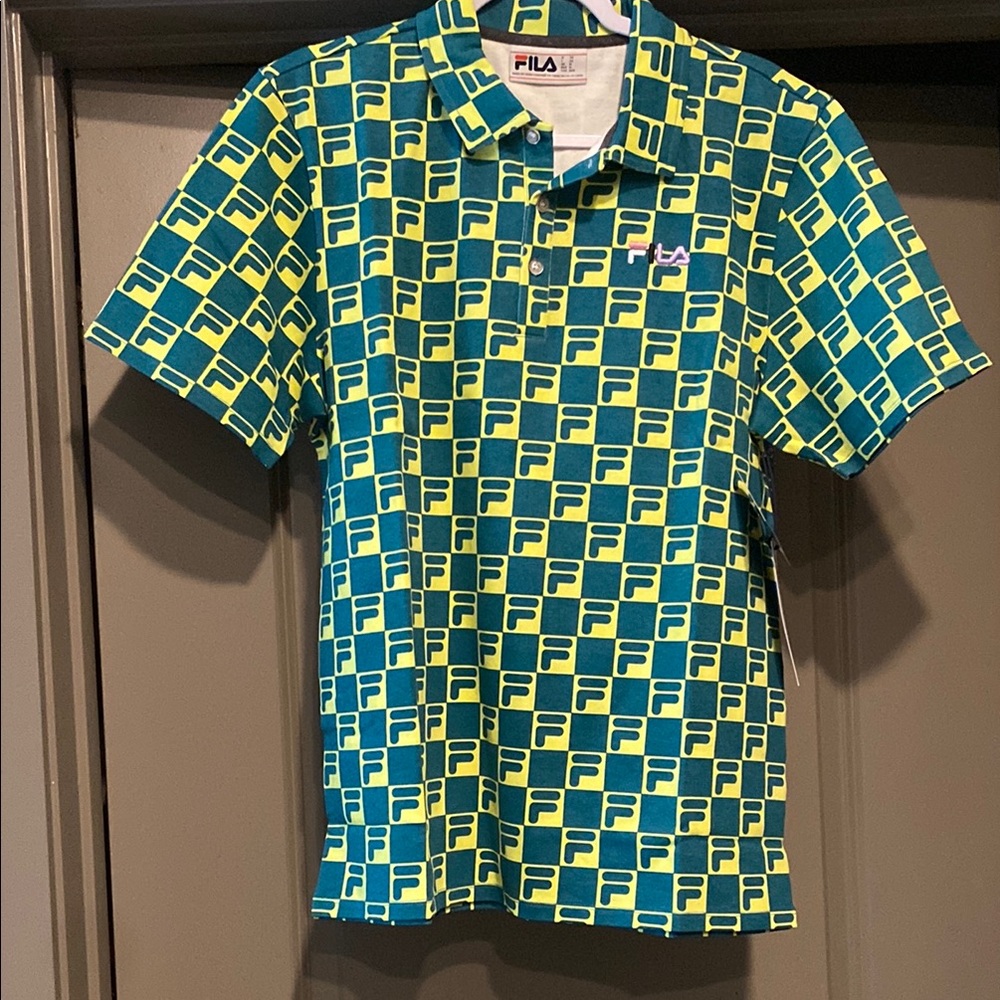 Fila Links All Over Print Teal and Yellow Polo Shirt Mens Sz Medium NWT